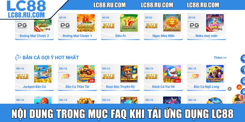 Nội dung trong mục FAQ khi tải ứng dụng LC88